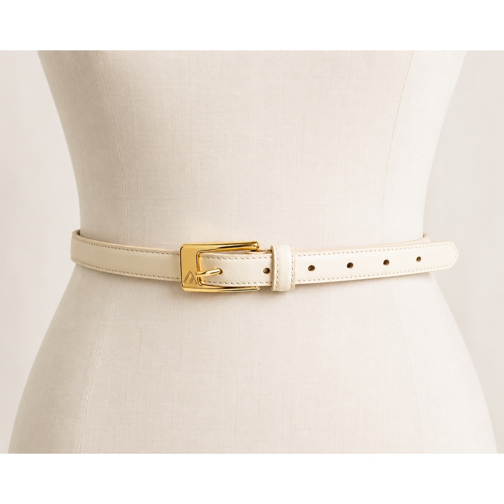Liz Claiborne Skinny Belt Women M Cream Leather Gold Buckle Classic Vintage USA